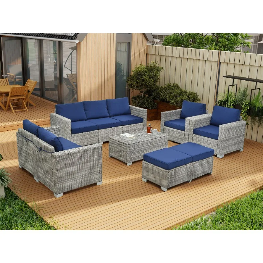 

10 Piece PE Rattan Patio Furniture Set Sectional Sofa Set Outdoor Patio Furniture Set With Cushions Tempered Glass Coffee Table