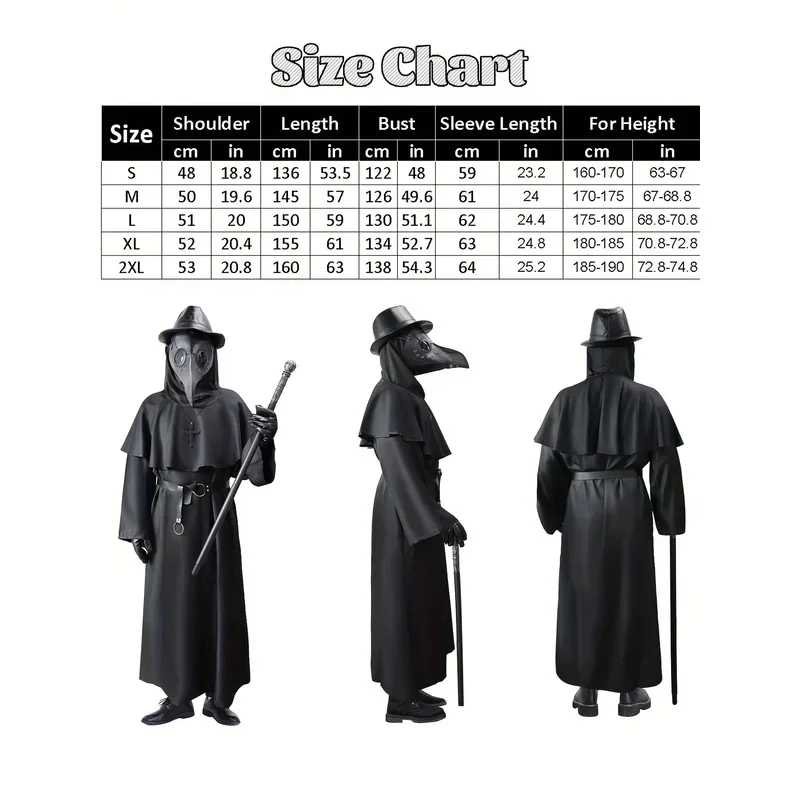 Mago monje Medieval negro 8 unids/set bata de muerte collar cruzado máscara de cuervo guantes cosplay Doctor de la peste Halloween mb.3
