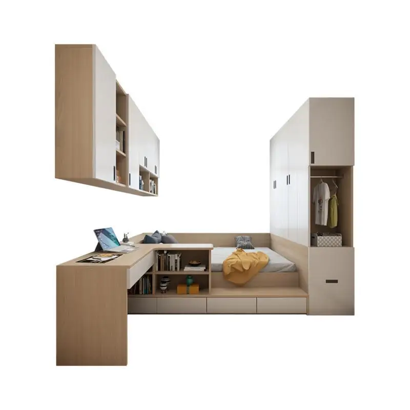 

Small apartment bed wardrobe integrated space saving high box small bedroom with desk corner hanging cabinet combination storage