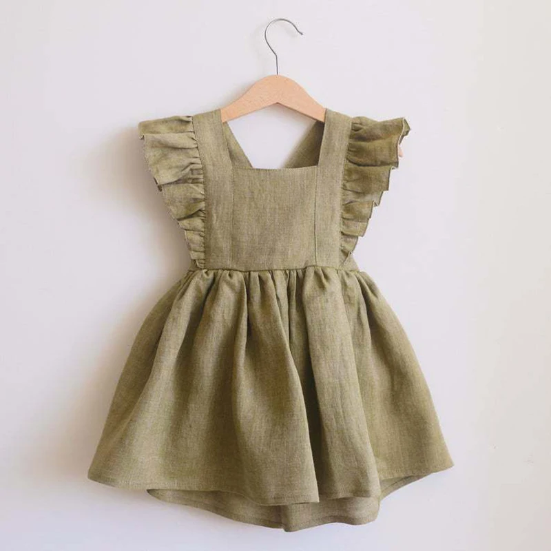 Summer Toddler Girls 100% cotone Ruffles Sleeve Dress per 0-4Y lino cotone Baby Kids Clothes Casual Fashion Princess Dresses