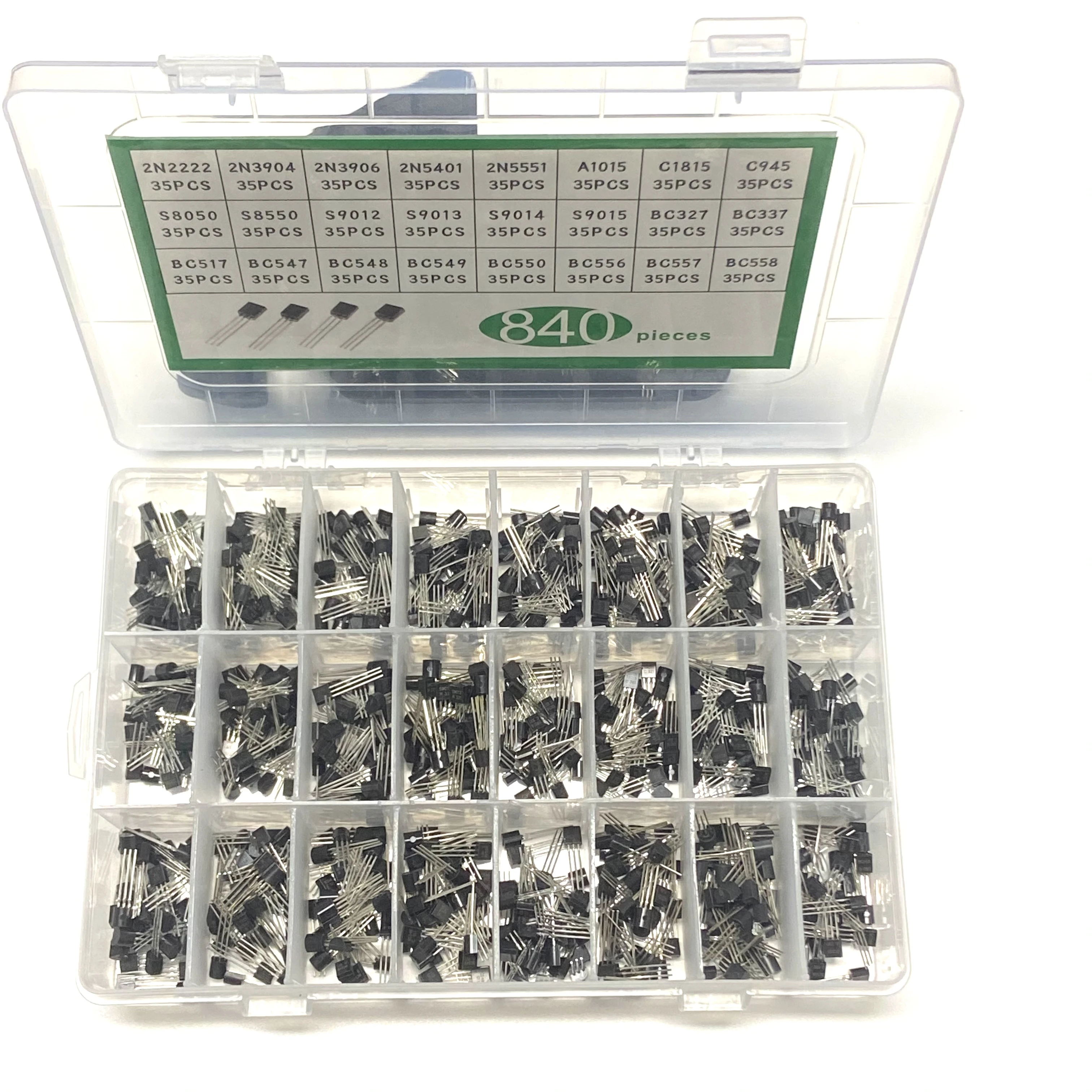 840PCS TO-92 24Value Transistor Kit Assortment Box BC547 BC327 BC337 2N2222 3904 3906 C945 Transistors Set Electronics Kit