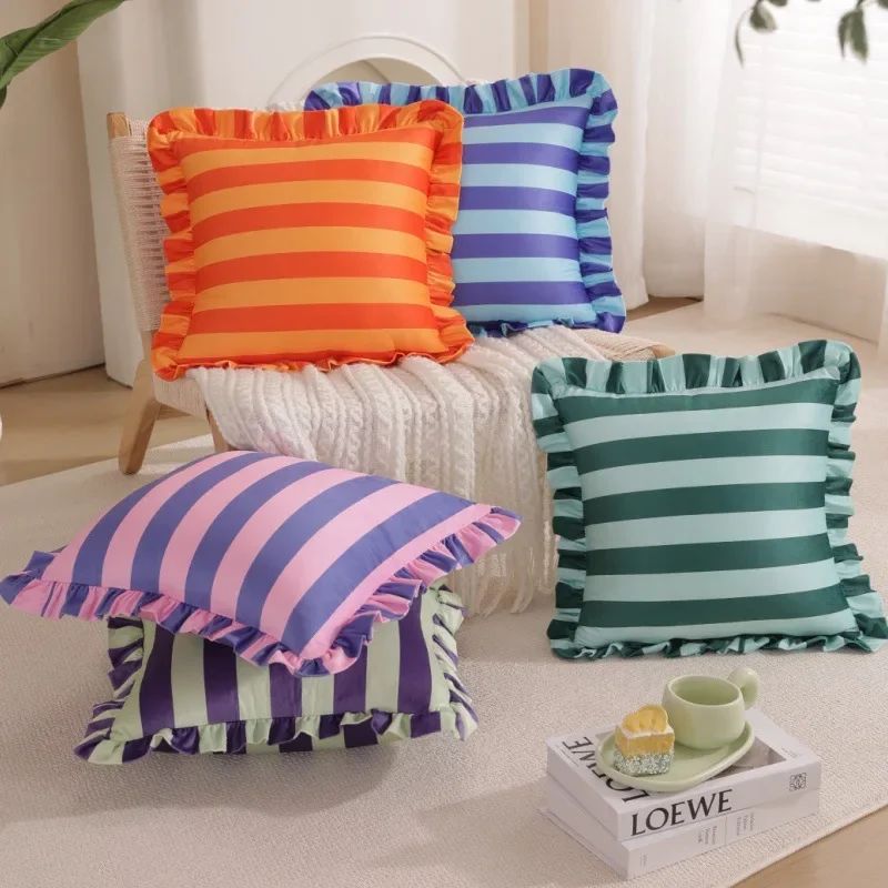2pcs Color Striped Dutch Velvet Lotus Leaf Skirt Edge Pillowcase Home Fabric Sofa Decor Pillow Cover No Fading 45X45cm No Core