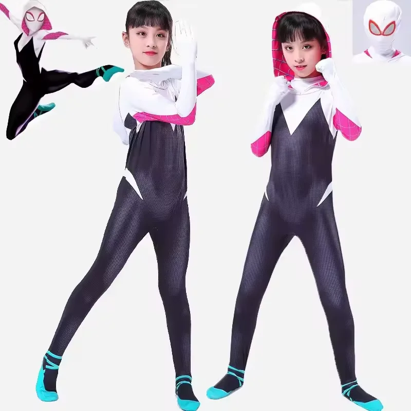بدلة أطفال سبايدر جوين التأثيرية للبطل الخارق Gwendolyn Maxine Stacy ثلاثية الأبعاد Zentai للهالوين زي لعب الأدوار قناع بقلنسوة