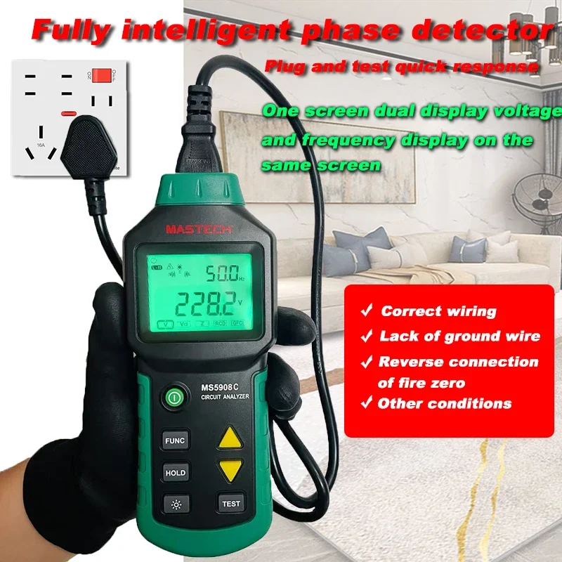 Socket Tester MS5908A/MS5908C AC100-240V LCD Circuit Breaker Analyzer RCD Tester With Voltage GFCI Meter MASTECH - view 6