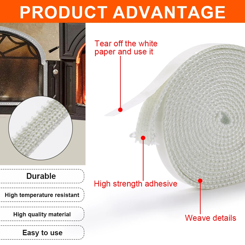 10/15mm Fireplace white Sealing Rope Wood Burning Stove Door Self-Adhesive Fiberglass Sealing Cord Replacement Black Gasket Tape