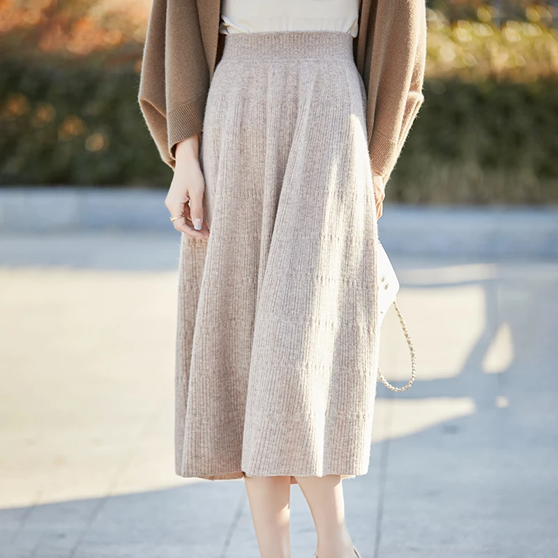 Autumn WinterFashion 100% Merino Wool Cardigan Women Clothing Skirt High-Waisted Pure Wool Versatile Women Skirt