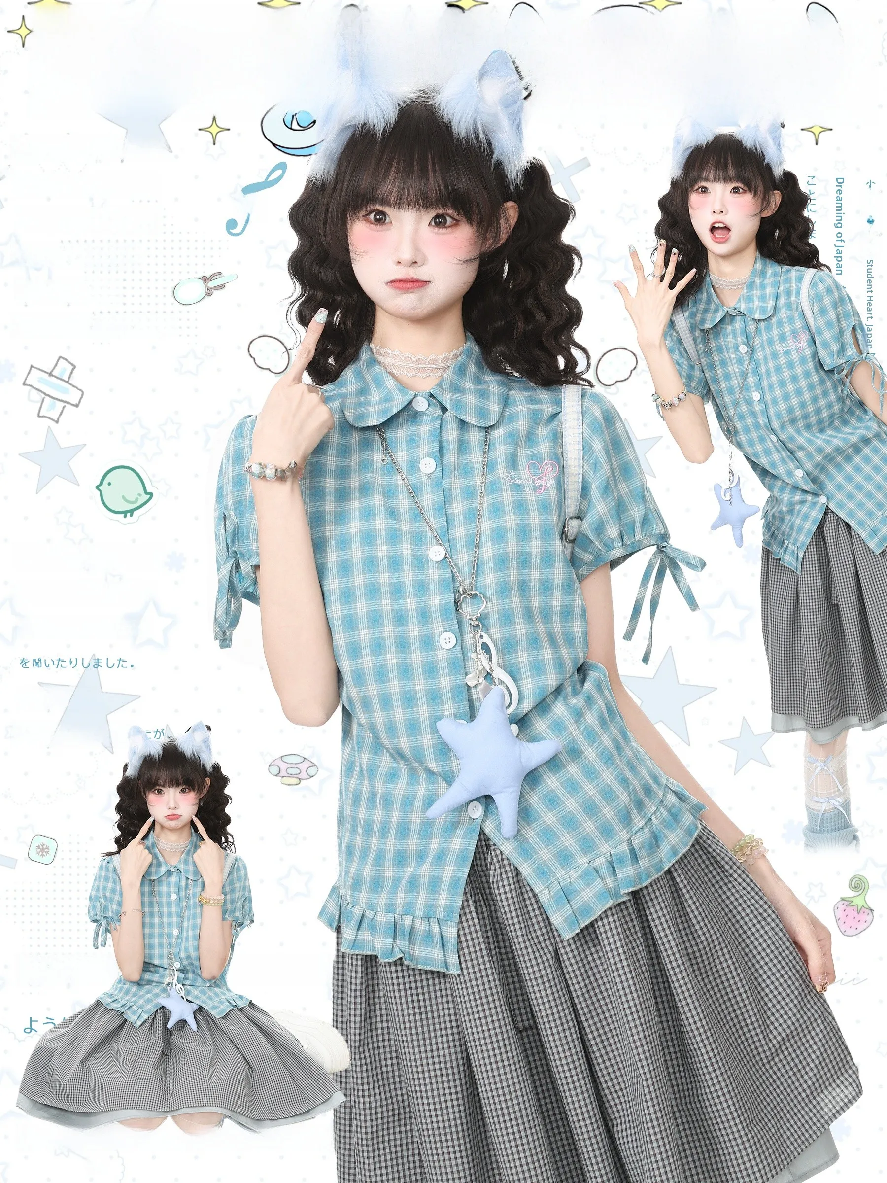 

Languid Park Summer Design Short Sleeve Shirt Doll Collar Knot Plaid Women's Casual Fashion Slim Fit Casual Shirt