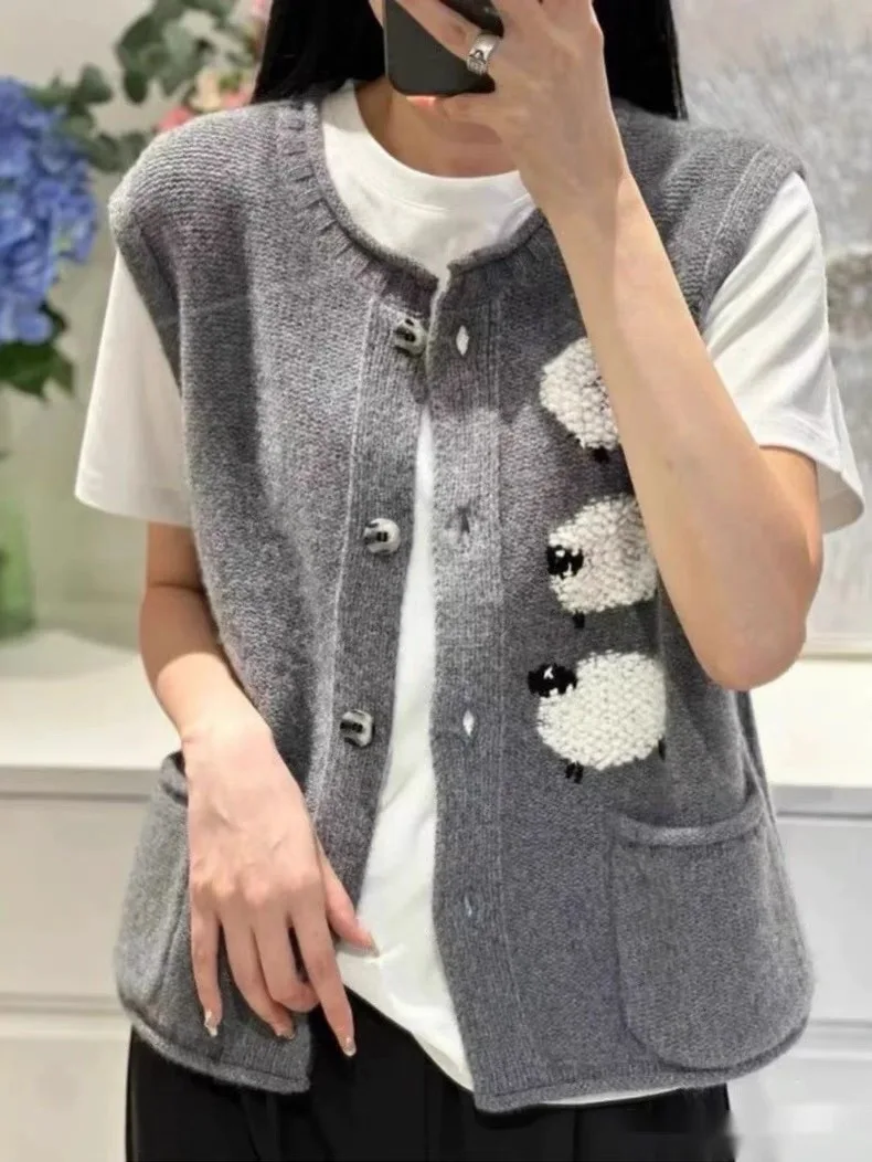 

2 colors Women's 100% wool vest new knitted cardigan sleeveless women's sweater loose jacket short autumn and winter wool vest
