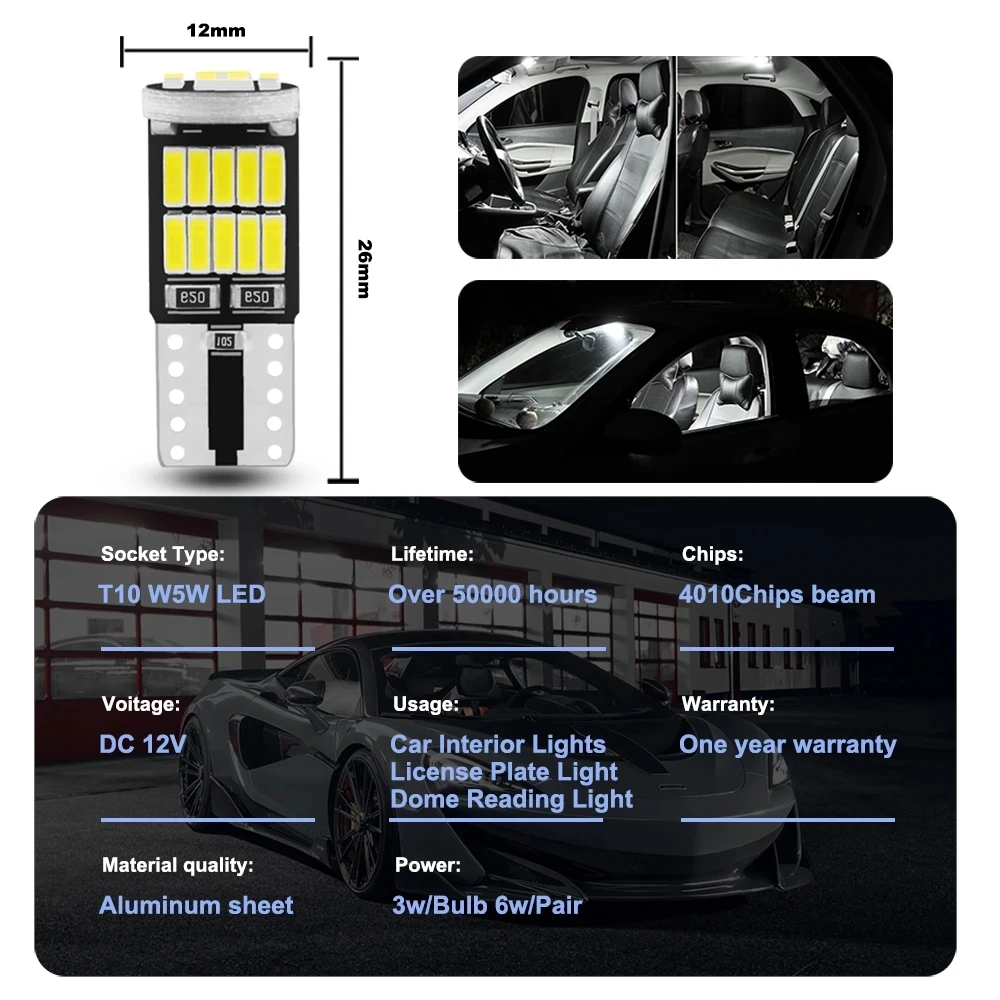 Luz Led Canbus para Interior de coche, Bombilla blanca pura de 2-50 piezas, T10, W5W, 194, 501, sin Error, Chip T10, 26 SMD, 4014