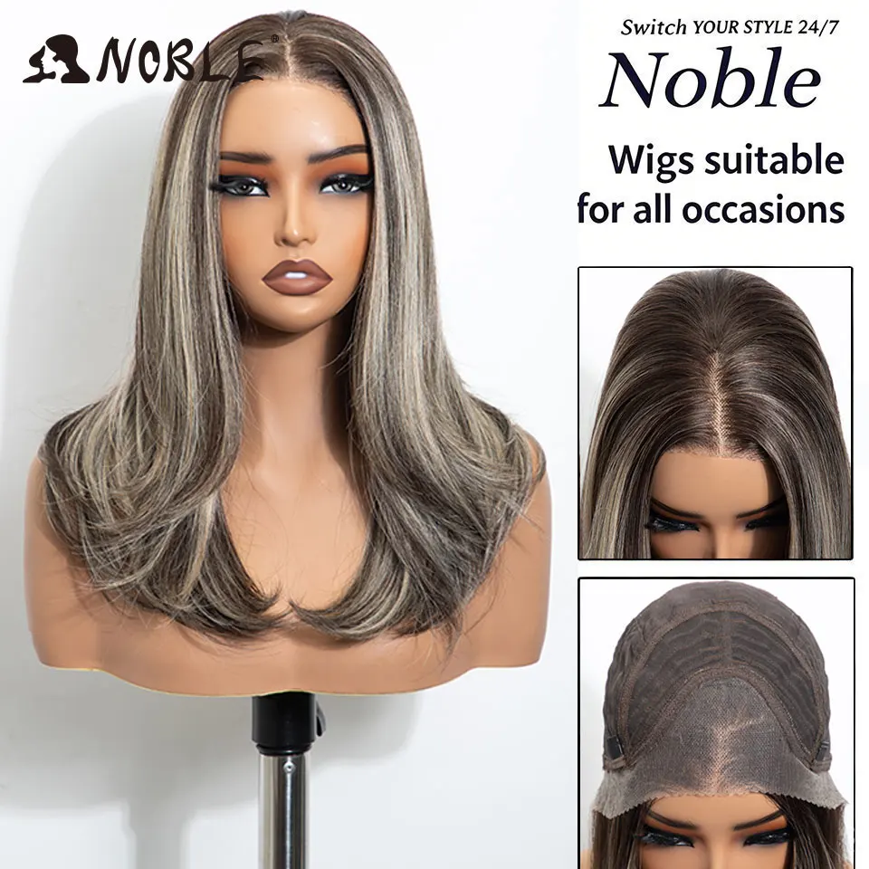 Noble 16-Zoll-Bob-Synthetikperücke mit Lace-Front, 13x3, vorgezupft, freier Scheitel, Ombre Braun-Blond, hitzebeständige Cosplay-Perücke für Damen – Detail 8