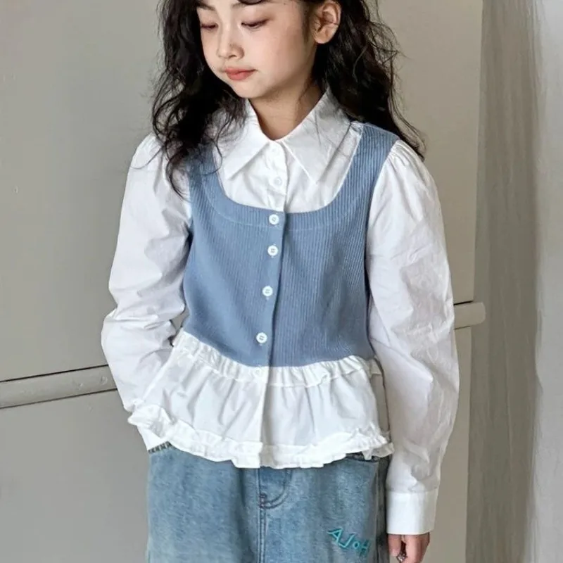 2026 Autumn New Kids' Two Piece Shirt Girls' Lace Trimmed Blouse Trendy Children's Two-Piece Suit Toddler Big Kids 3