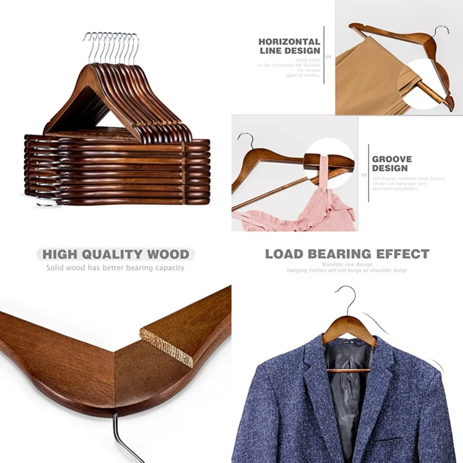 

Wooden Hangers, Solid Wood Coat Hanger Heavy Duty, Smooth Finish Bulk Wood Hangers, High-Grade Wooden Clothes Hanger with Non S