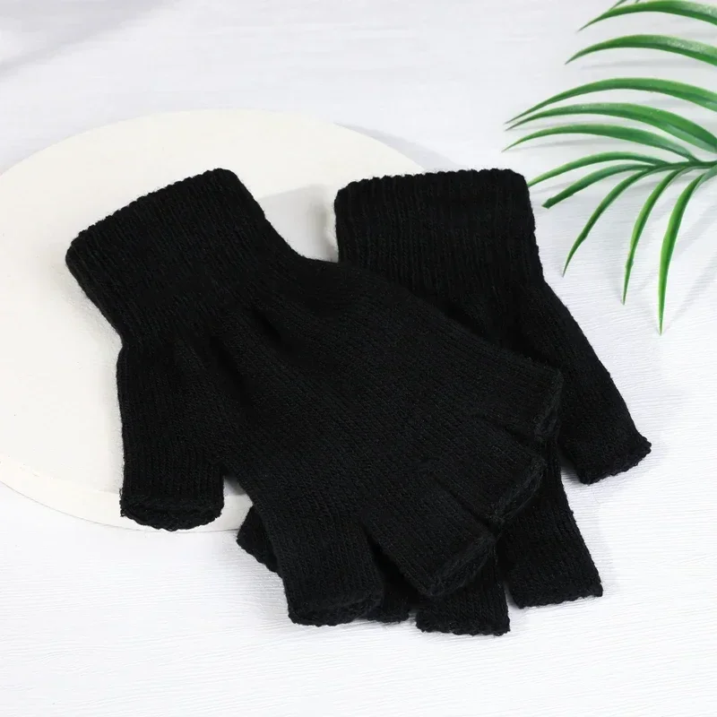 1Pair Black Unisex Half Finger Fingerless Gloves for Women Men Wool Knit Wrist Cotton Gothic Gloves Winter Warm Workout Gloves