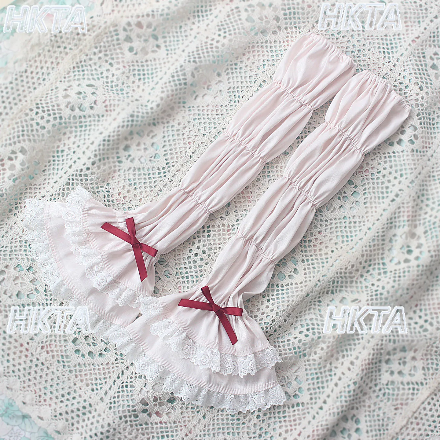 Handmade Sweet and Cute Lotus Knot Lace Splicing Bow Versatile Pink Hand Sleeves Women Lolita Long Sleeves Arm Cover Accessories