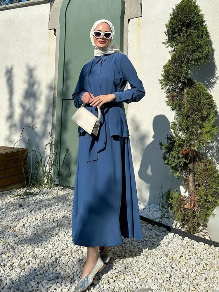 Eid Muslim 2 Piece Set Women Musulman Ensemble Lace-up Shirts & Skirt Dubai Single Breasted Button Blouse Skirts Two Pieces Belt