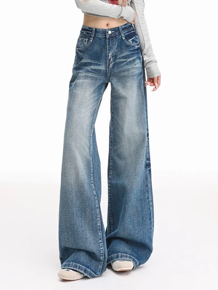 

American Style High Waist Wide Leg Jeans Women's Autumn New Fashion Loose Fit Bell Bottoms Casual Straight Cut Denim Pants