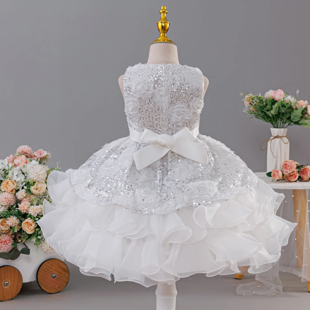 HETISO Children's Birthday Flower Dress Sequins Girls Host Princess Sleeveless Ball Gown for Piano Performance Christmas