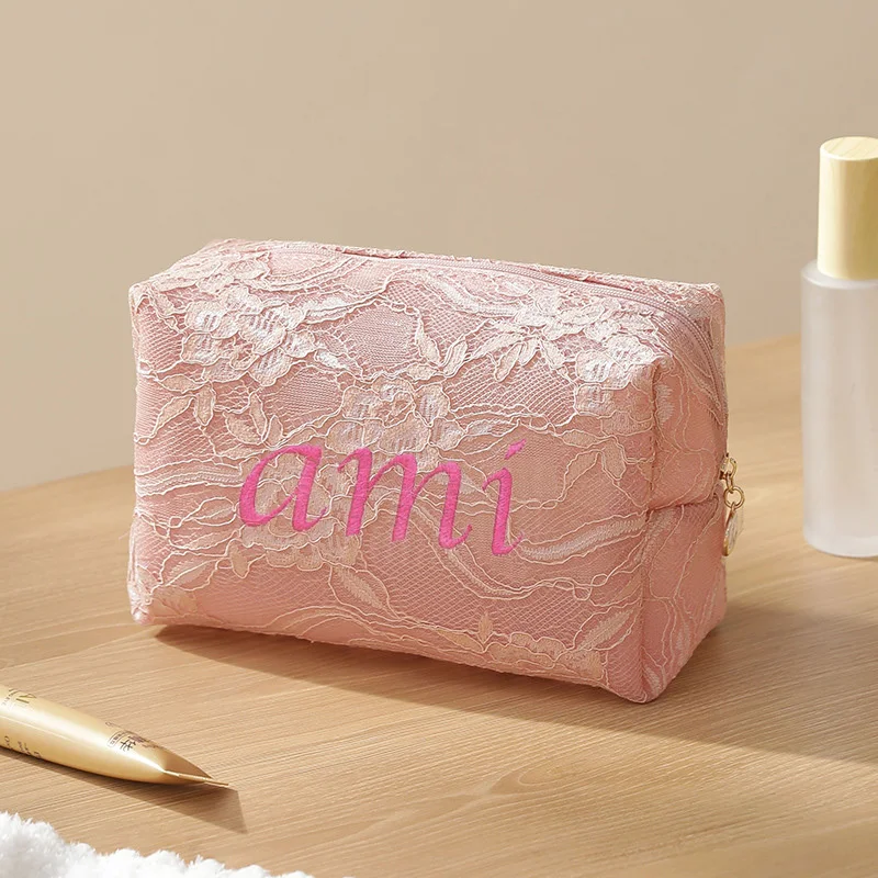 Custom Name Lace Appearance Makeup Bag Embroidered Mesh Cosmetics Mouth Red Envelope Travel Toilet Bags with Inner Bags