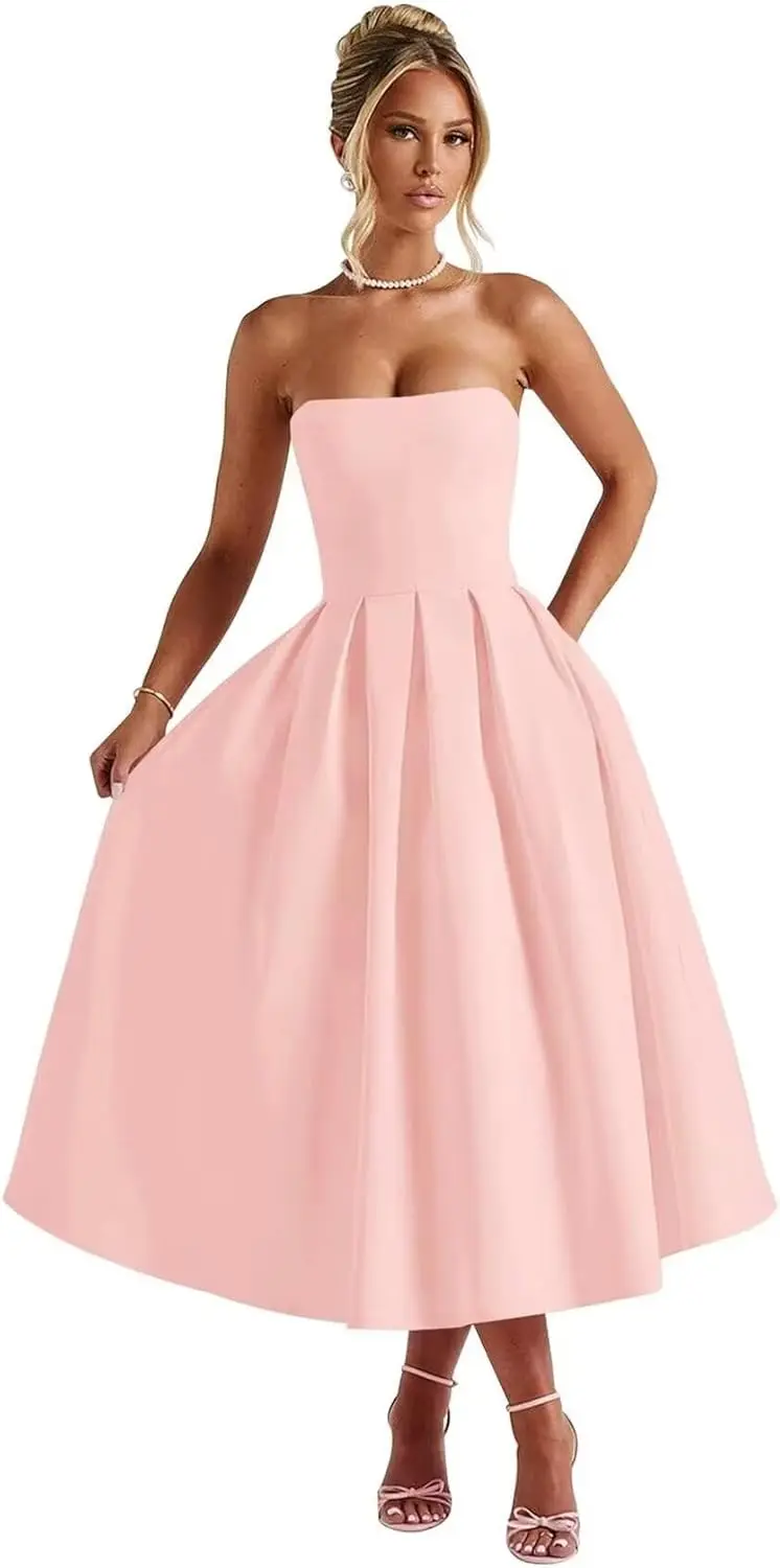 فساتين لحضور الحفلات الموسيقية من الساتان بدون حمالات 2025 على شكل حرف a مشد لحفلات الكوكتيل ثوب مسائي بدون ظهر فستان وصيفة العروس مع جيوب فستان رسمي