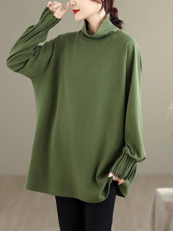 ファッショナブルなハイカラー、カラフルなアコーディオンスリーブTシャツ、ゆったりとしたプラスサイズの女性用カジュアルスリーブロングスリーブベースTシャツ