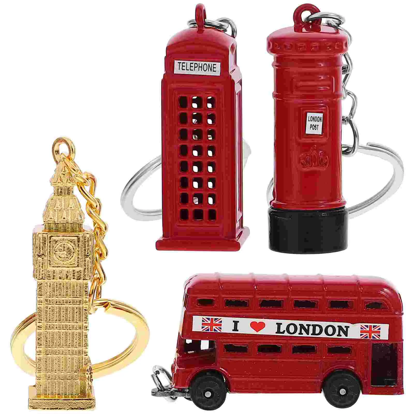 4pcs London Theme Key Chain Set Bus Big Ben Keyring Souvenirs Keychain Telephone Booth Postbox Key Holder Set Gift Christmas