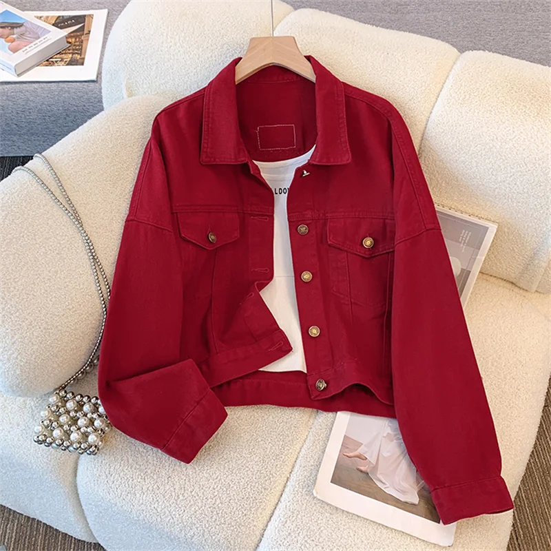 

Korean Casual Women Short Denim Jacket Autumn Wine Red Coffee Color Khaki Lapel Single-Breasted Long Sleeve Jeans Jacket Coat