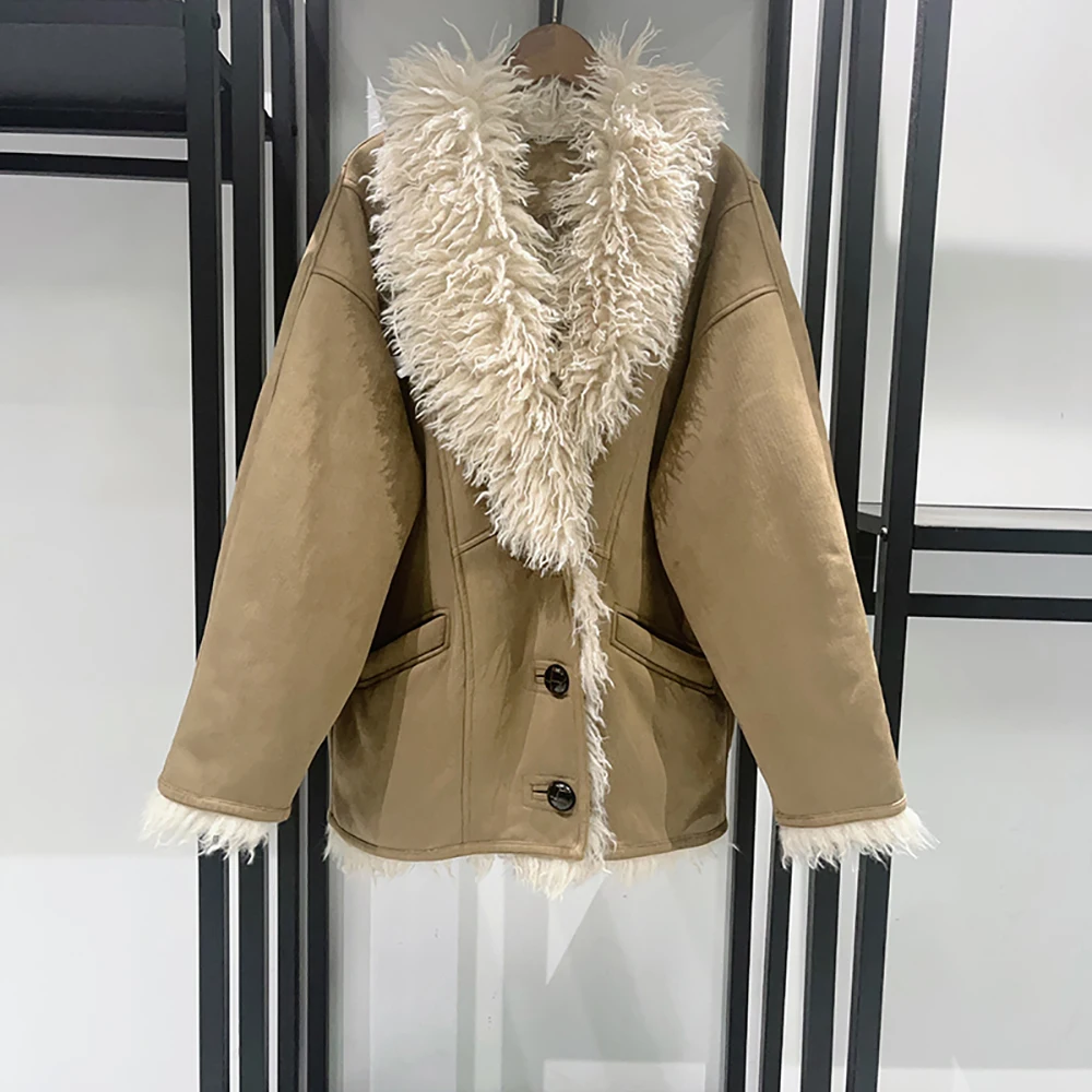 

Двусторонняя кожаная куртка с воротником из искусственного меха Y2K, двустороннее элегантное пригородное пальто, теплое и стильное, осень/зима 202, новое поступление