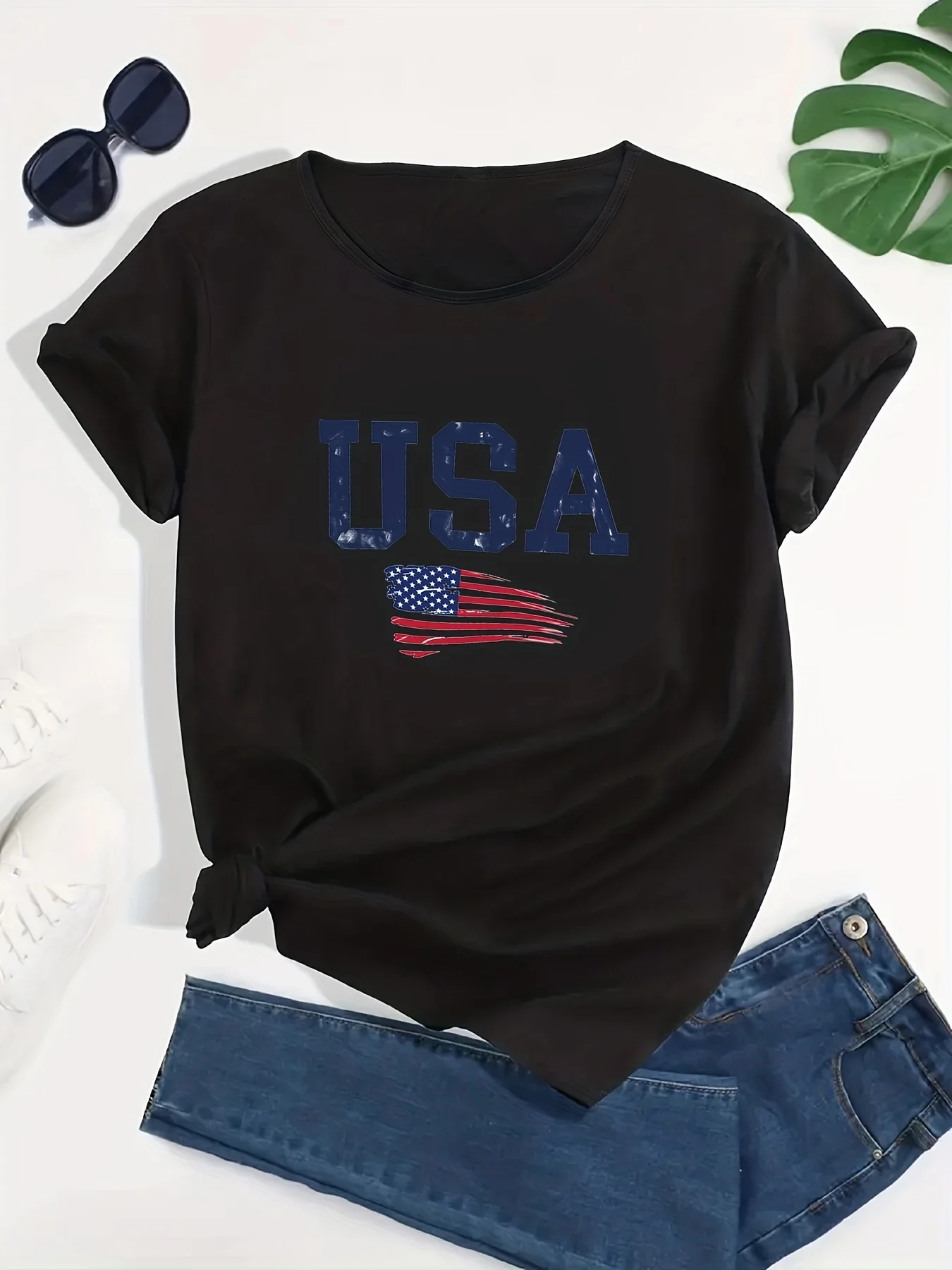 American Flag Graphic Casual Sports T-shirts, USA Letter Fashion Round Neck Short Sleeve Tops For Women, Women's Tops