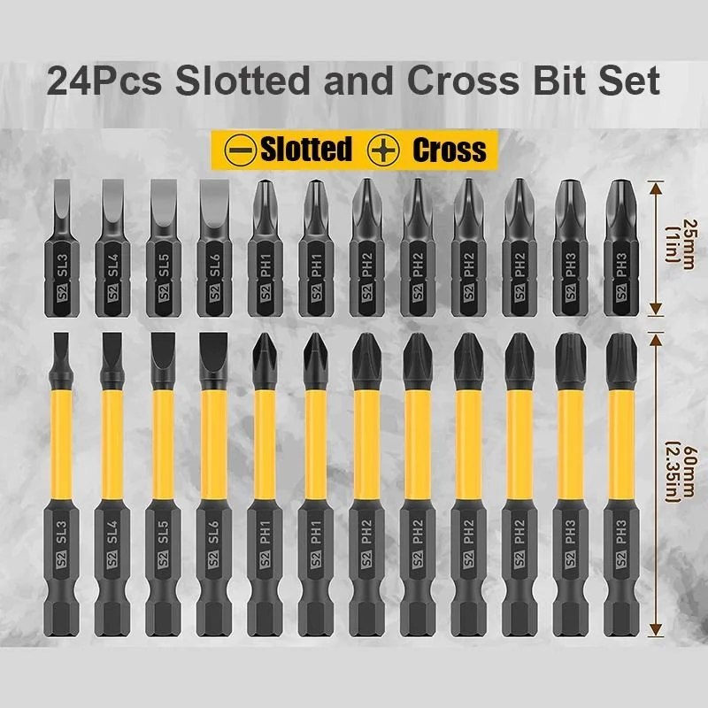 24Pcs Magnetic Screwdriver Set Slotted Cross Screwdriver Bits 1/4 Inch Shank 25mm 60mm Cross Flat Head Drill Bit