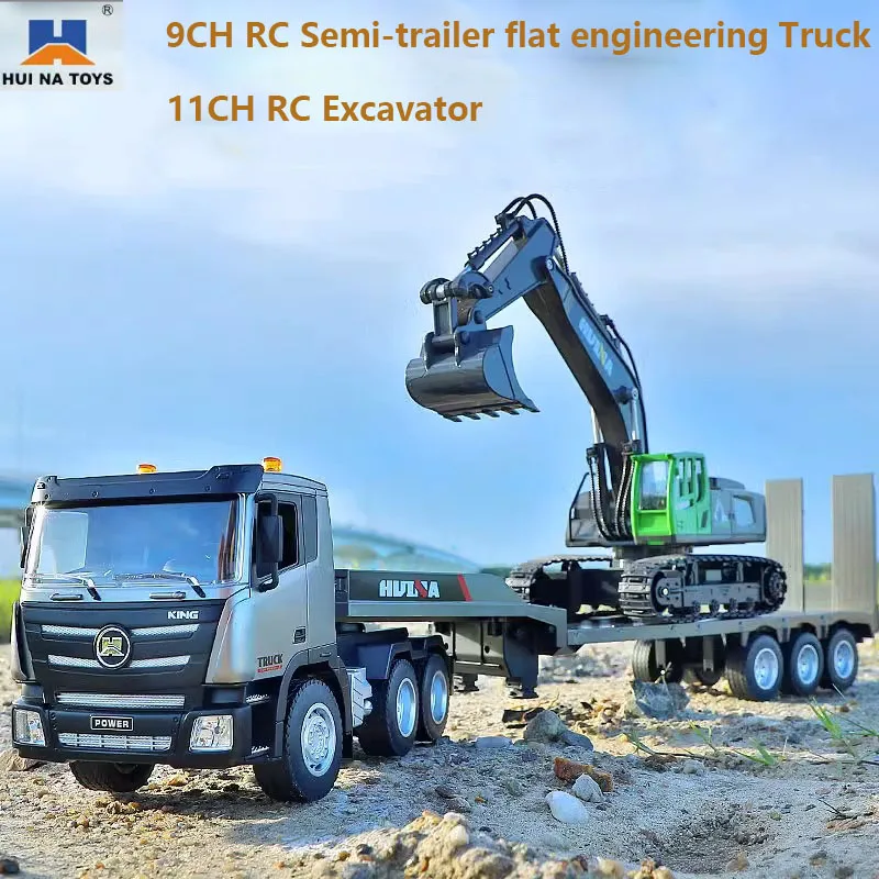 Huina New R/C Alloy Excavator Truck 11CH Radio Controlled Car Semi-Trailer Engineer Truck Lighting Toys Gift For Boys
