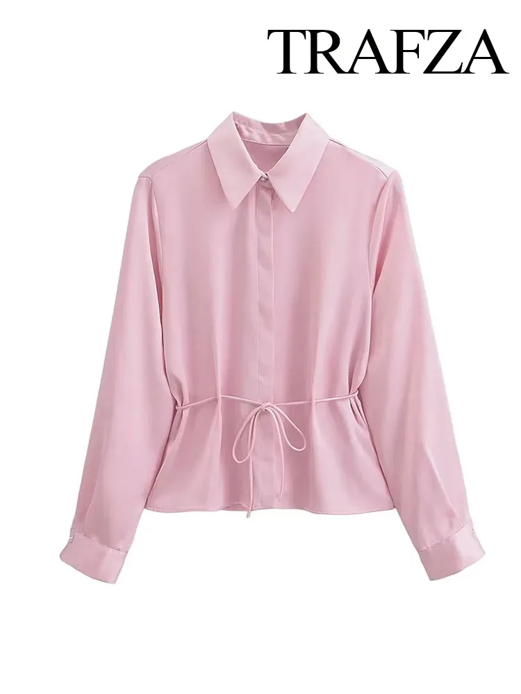 TRAFZA Women Spring Blouses Pink Turn-Down Collar Long Sleeves Lace-Up Decorate Single Breasted Female Fashion Casual Shirts