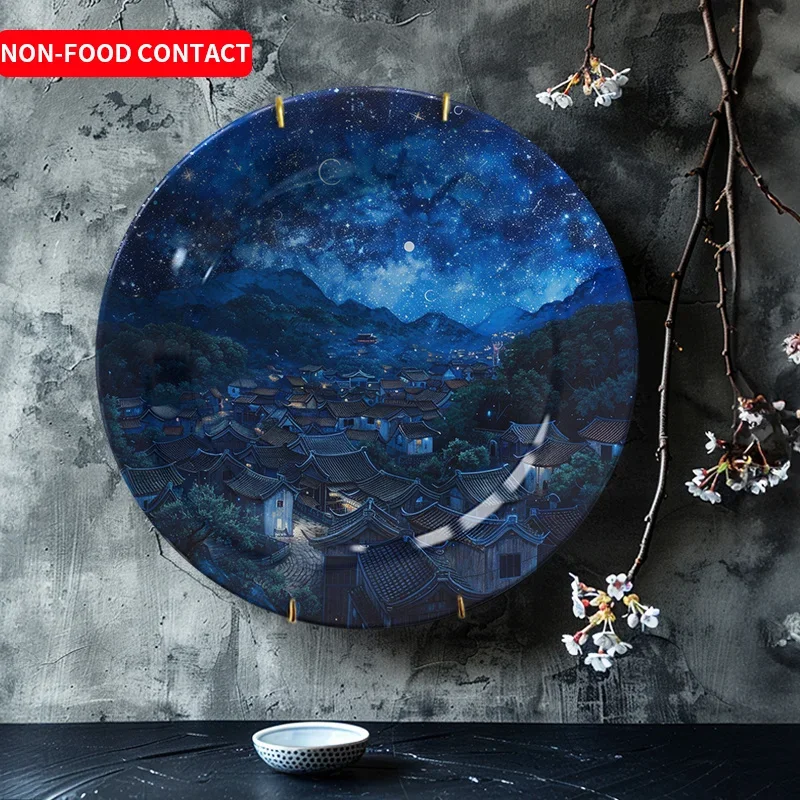 1pc Starry Village Ceramic Decorative Plate Van Gogh Style Art Display Home Wall Decor Non-Food Contact Living Room Bedroom