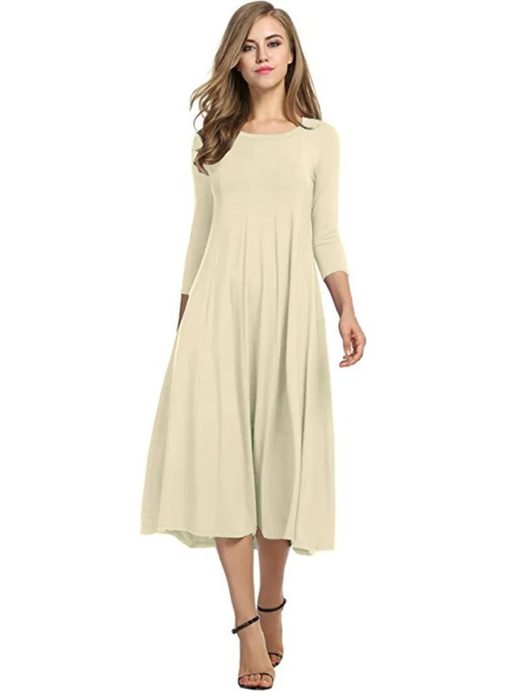 فساتين نسائية برقبة دائرية وأكمام طويلة بلون سادة وطويلة نحيفة كاجوال للتنقل في الهواء الطلق والتخييم والعطلات وحفلات الشاطئ #1