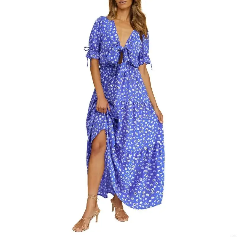 40gc vrouwen zomer ruches korte mouw swing a-line jurk v-hals stropdaan front boho bloemenprint gelaagde flowy maxi-long jurken