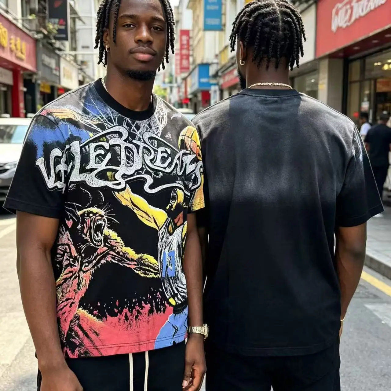 Vale Valley American Trendy Brand Basketball Match Print Washed Vintage High Street Summer Pure Cotton T-Shirt Short Sleeve