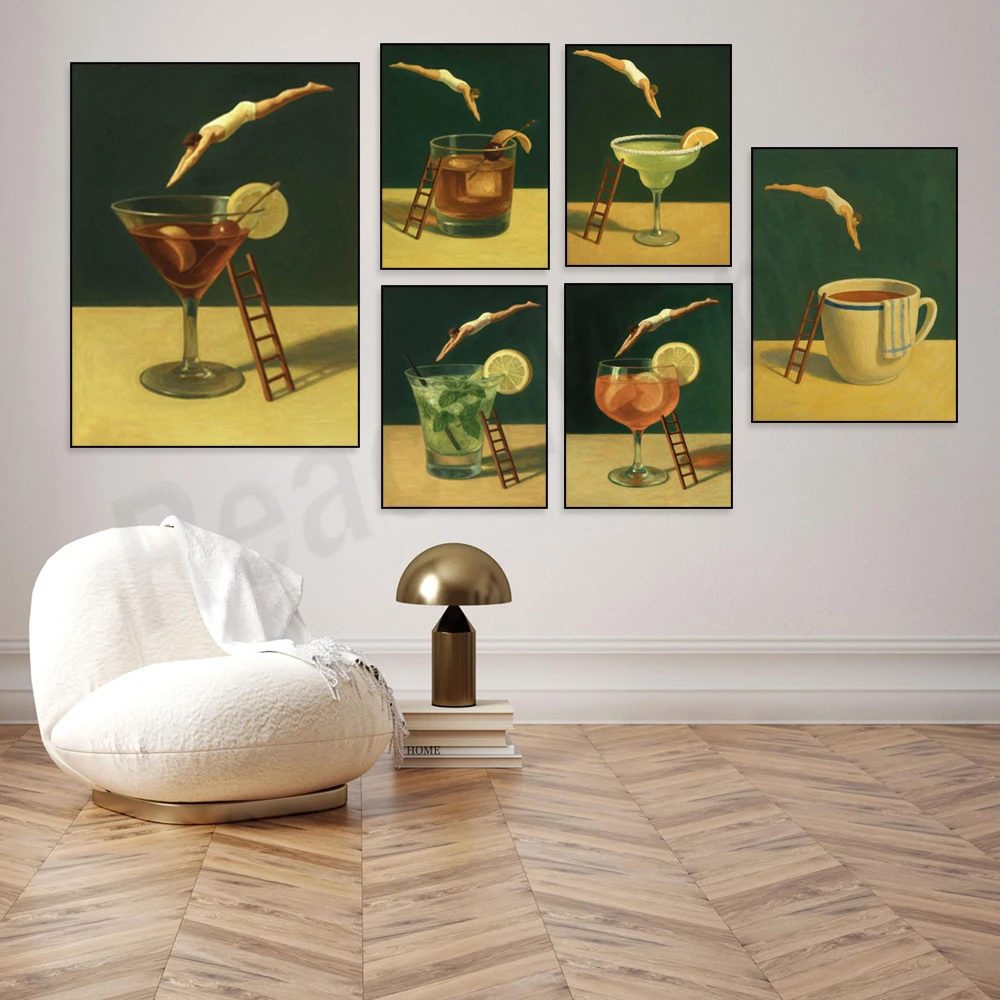 Martini glass, mojito cocktail, aperitif, cocktail print, coffee art, surreal diver drink poster, alcohol beverage decoration