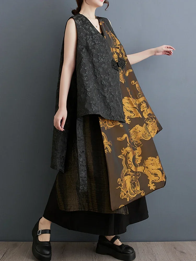 

New 2025 Summer Sleeveless Golden Loose Outerwear WomanPrinted Long Top Casual Wear Irregular Loose Coat