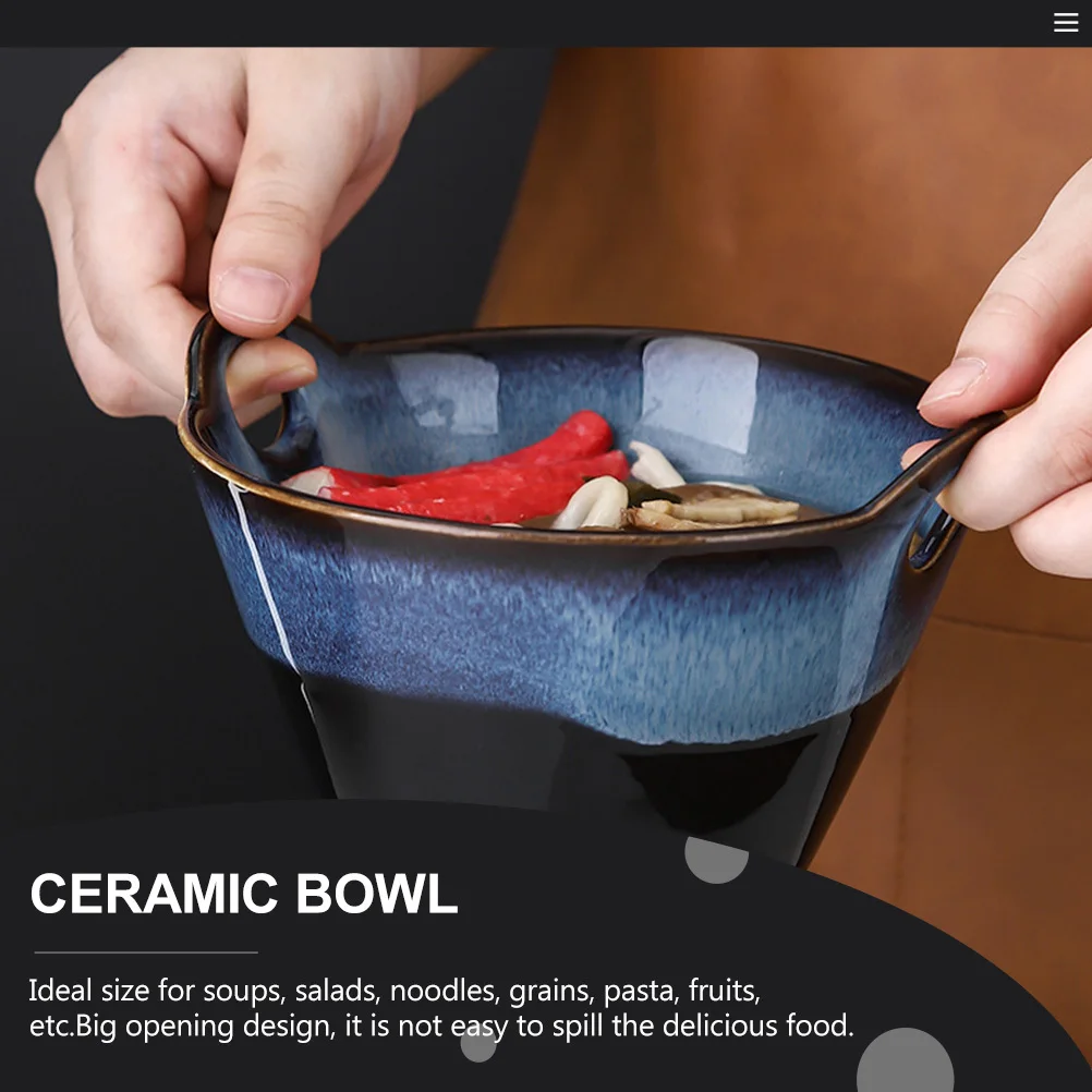 

1Pcs Double Ear Ceramic Ramen Bowl Japanese Style Handmade Large Opening Noodle Soup Salad Rice Bowl Portable Lightweight Easy