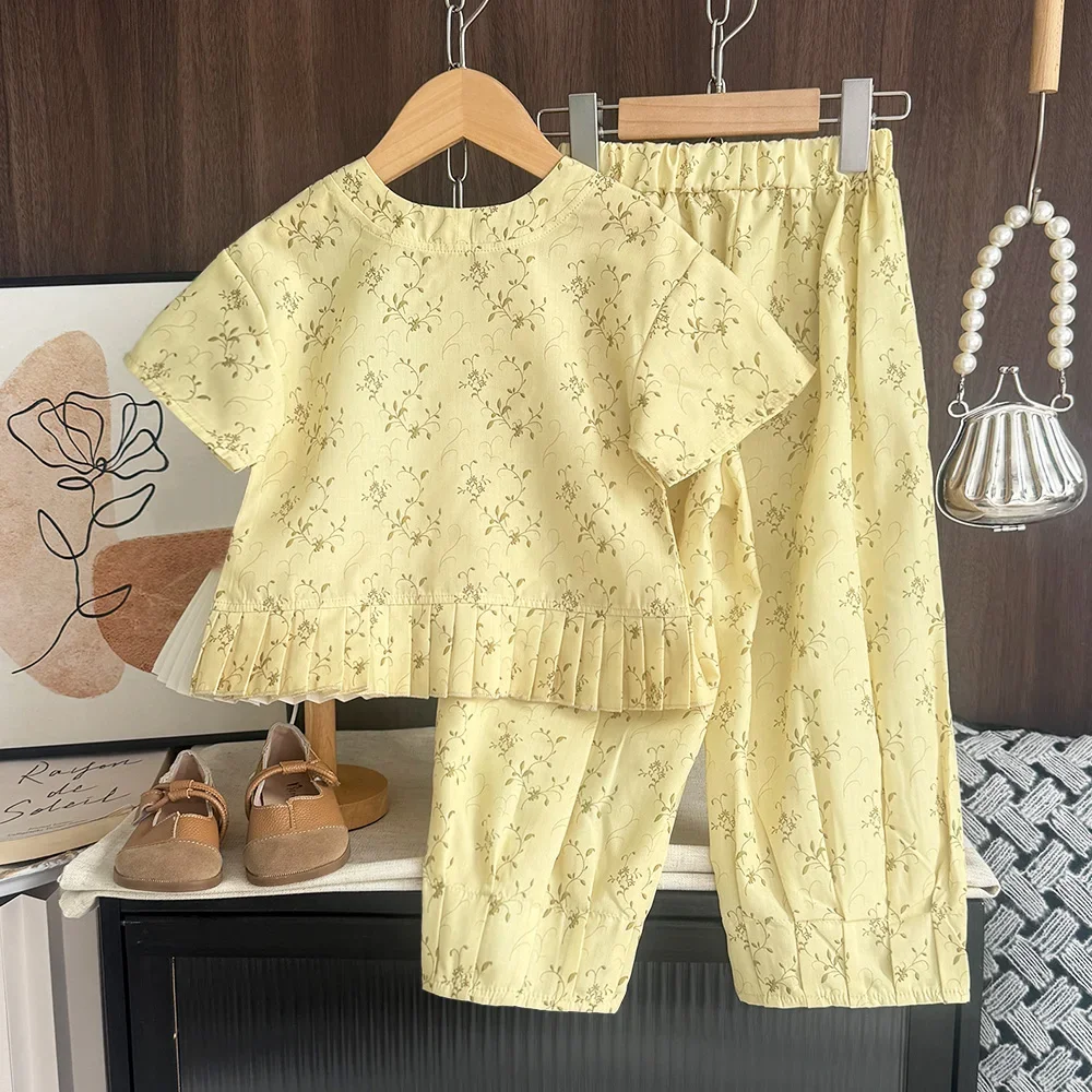 صيف جديد 3-7 سنوات الفتيات أزياء الملابس زهرة مطبوعة قصيرة الأكمام قميص + السراويل 2 قطعة مجموعة الاطفال الزي اليومي غير رسمي