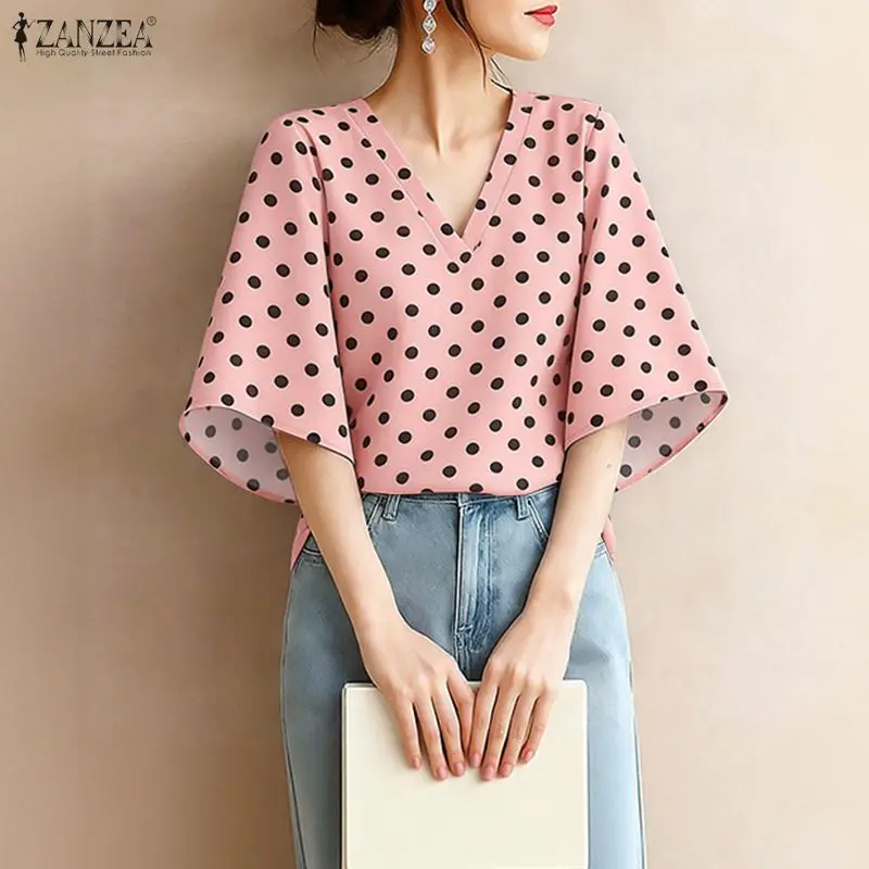 

ZANZEA Woman Elegant Half Bell Sleeves Blouses Vintage Polka Dot V-Neck Loose Tops 2026 Summer Vacation Casual Blusas de Mujer