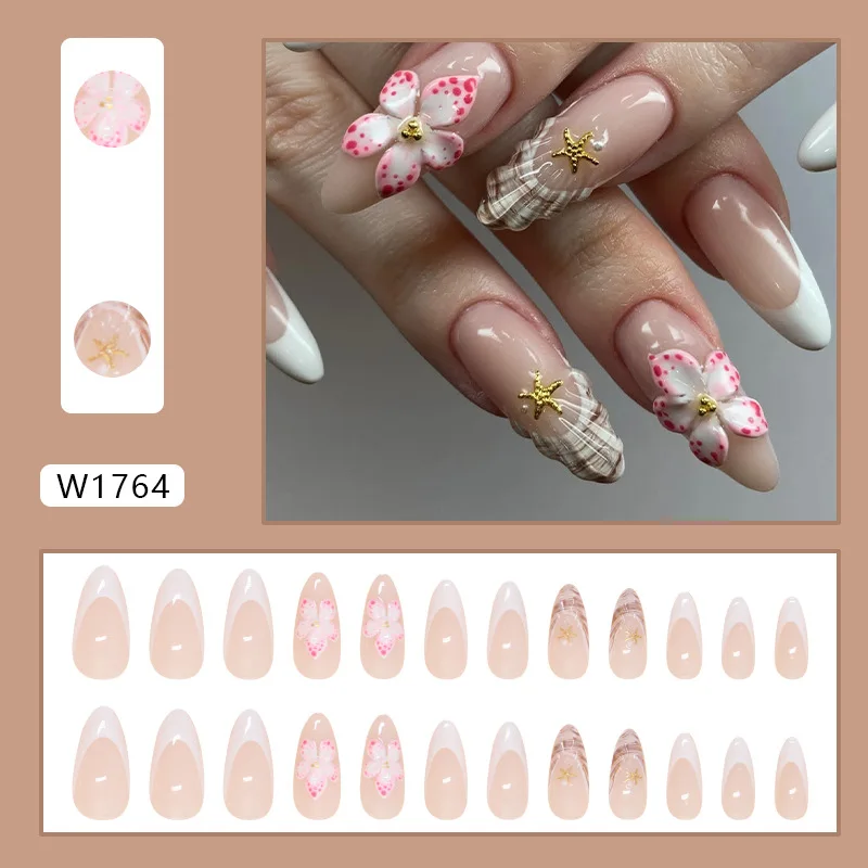 24PCS French Ballet nails Press on Nails 3D Flower Full Cover False Nail with Jelly Stickers Almond Fake Nail Nail Tips For Wome