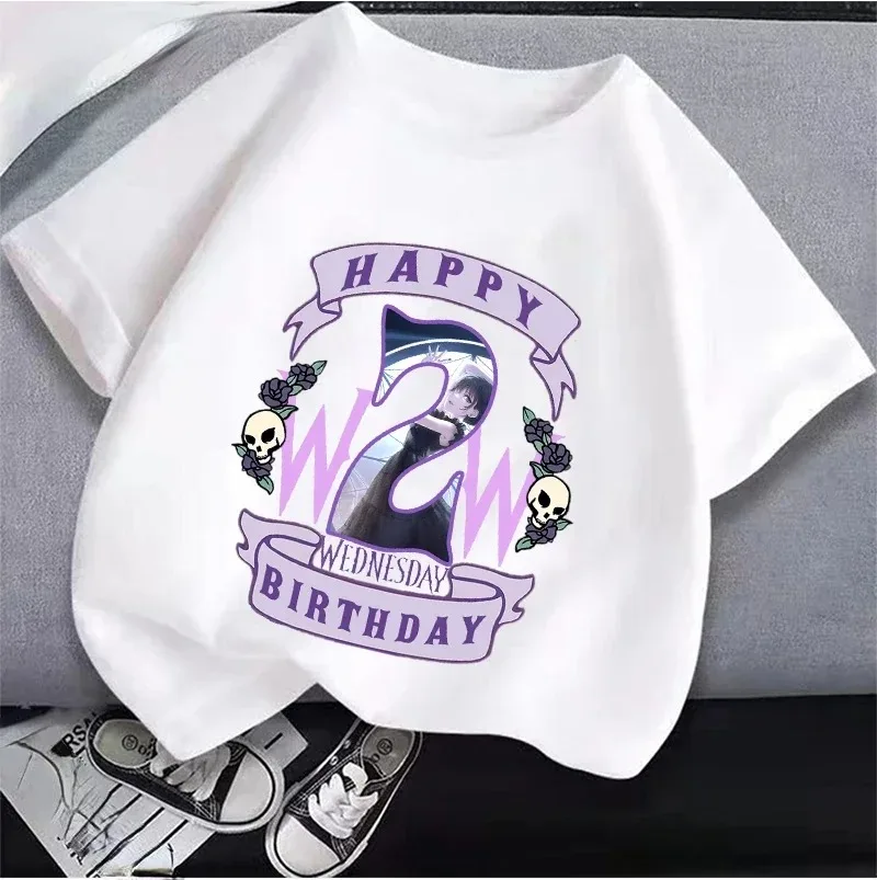 2024 Nuovo Mercoledì Adams Abbigliamento per bambini Anime Summer Girl Compleanno Numero T-shirt Cartoon Abbigliamento Top per bambini Regalo