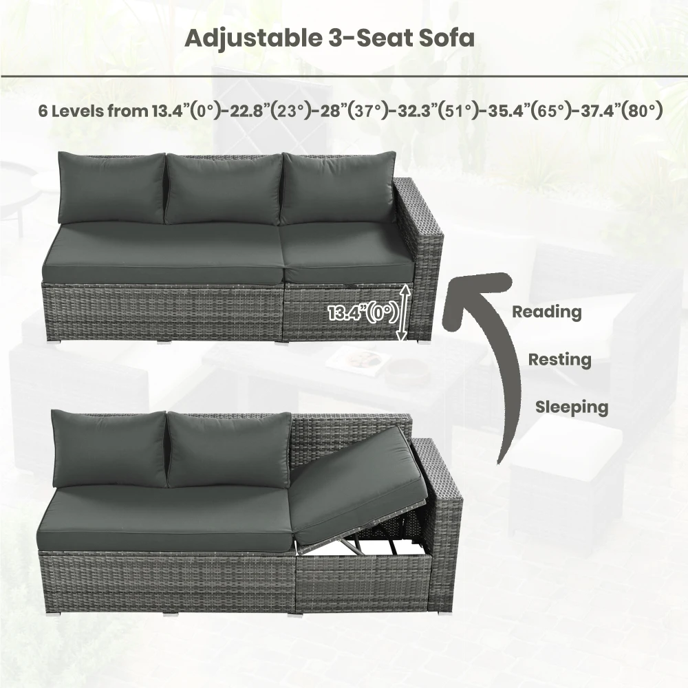 Outdoor 6-Piece All Weather PE Rattan Sofa Set with Adjustable Seat, Storage Box, Garden Patio Wicker Sectional Furniture Set