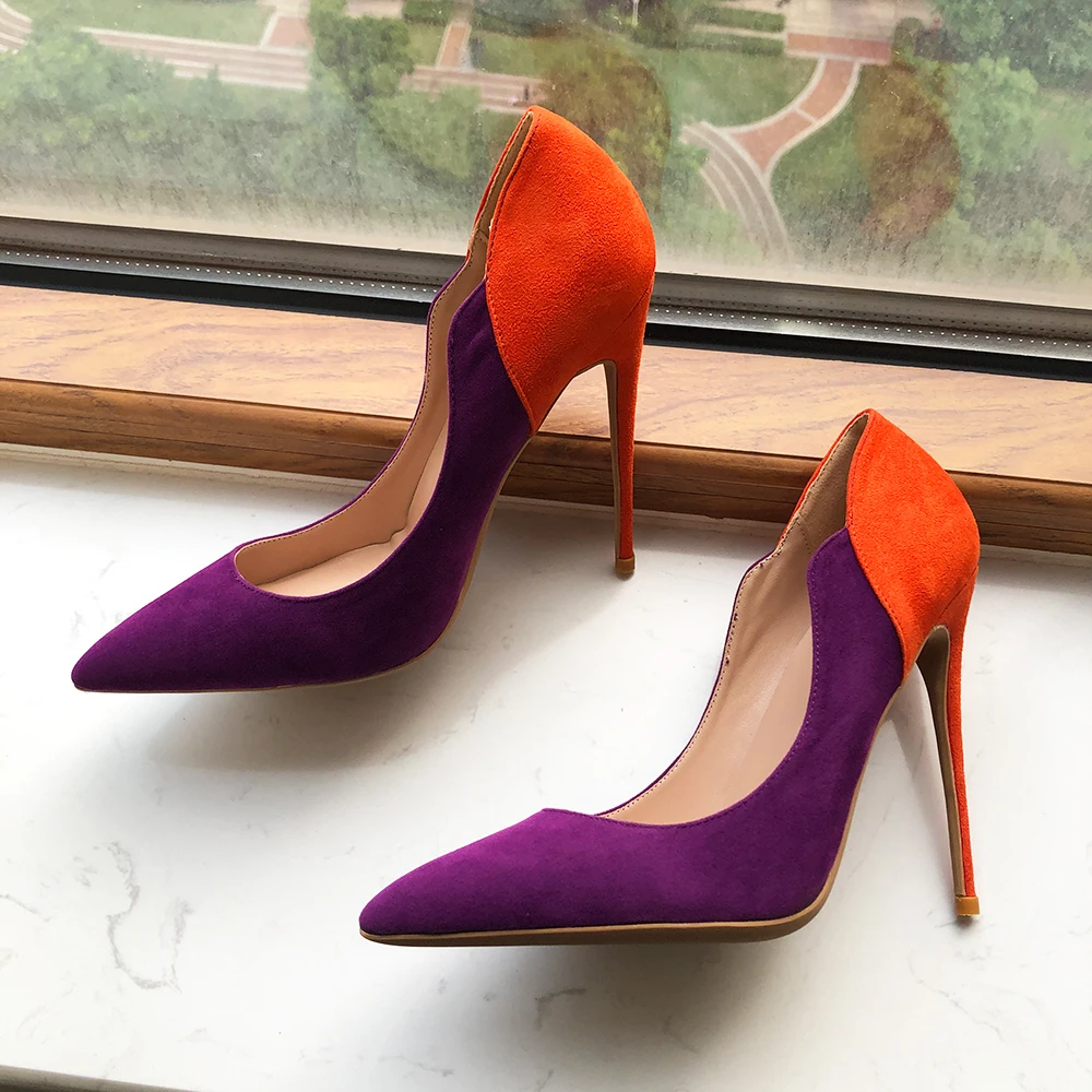 Tikicup Purple Flock Women Elegant Pointy Toe High Heel Shoes V Side Cut Sexy Stiletto Pumps Party Dress Customizable 12/10/8cm