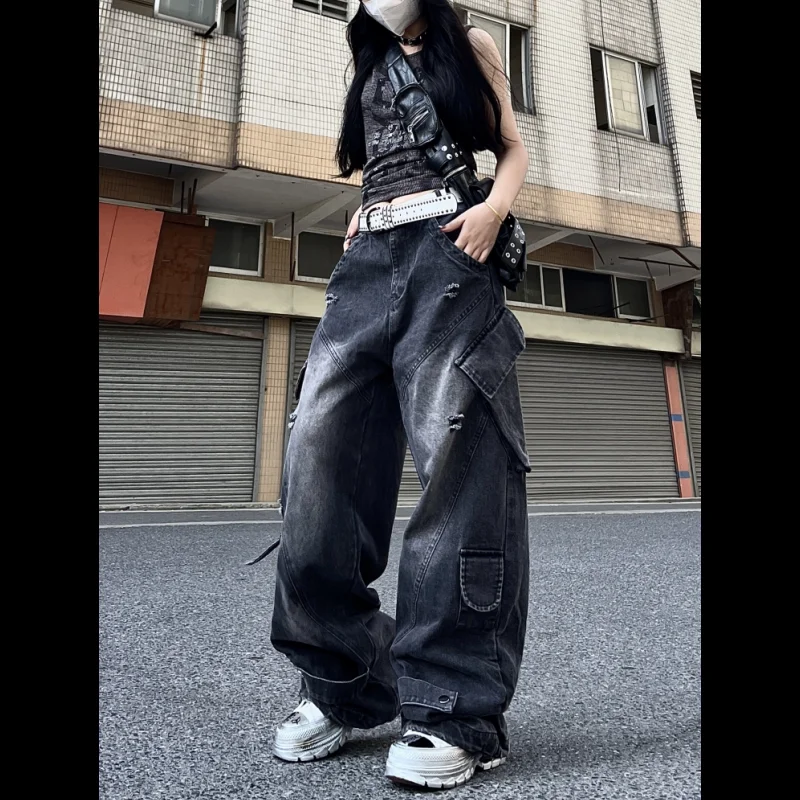 Multi Pocket Cargo Jeans Straight Wide Leg Denim Pants for Hip Hop Jazz Street Dance Practice and Performance Fashion Outfits