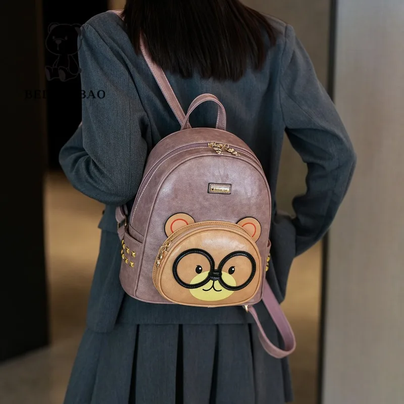 Commuting Women's Shoulders Bag Student Backpack Versatile Retro Large Capacity Backpack Fashionable Cartoon Teddy Bear Style