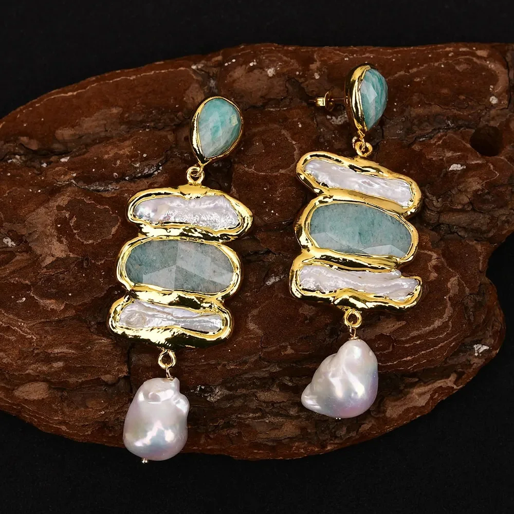 

Cultured White Pearl Gold Plated Natural Blue Amazonite Stone Dangle Amazonite Stud Earrings Handmade Lady Jewelry