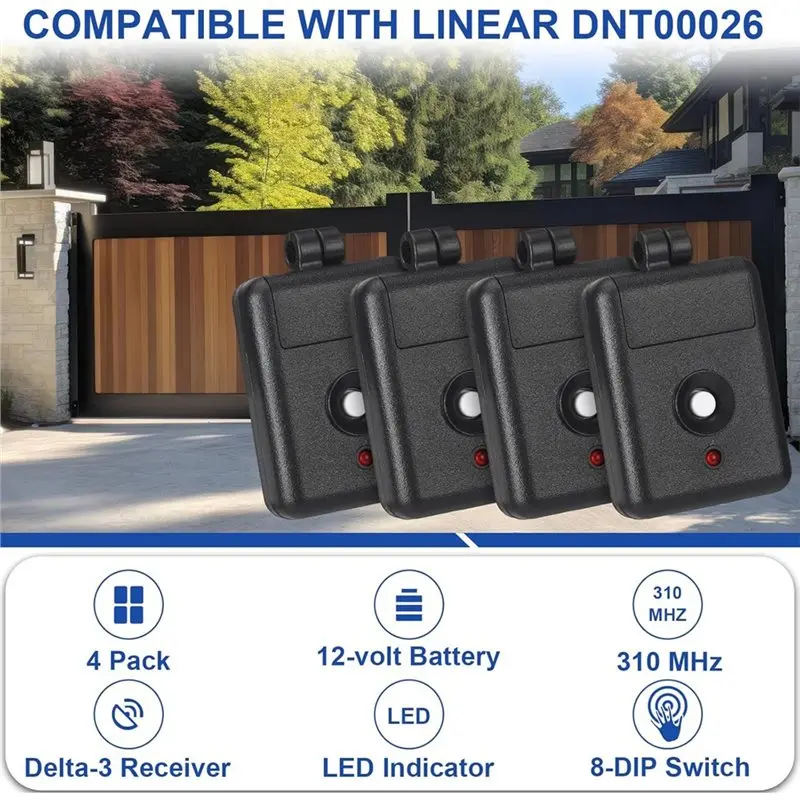 B50B-4Pack 1 Channel Keychain Garage Door Remote For Linear DNT00026, Delta-3 310 Mhz 12V Power Miniature Garage Door Opener