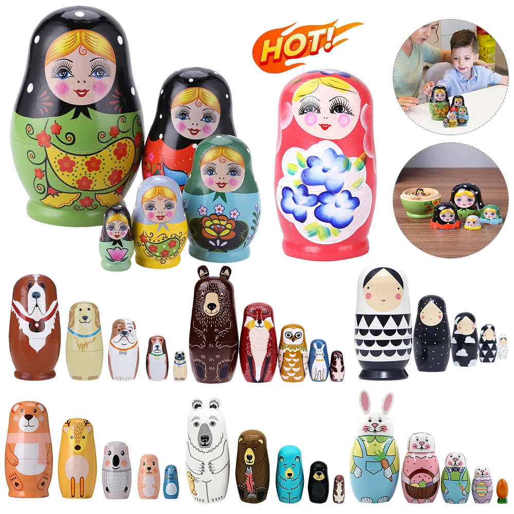 5Pcs Lovely Matryoshka Wooden Dolls Nesting Babushka Russian Hand Paint for Kids Christmas Toys Gifts Hand Painted Dolls