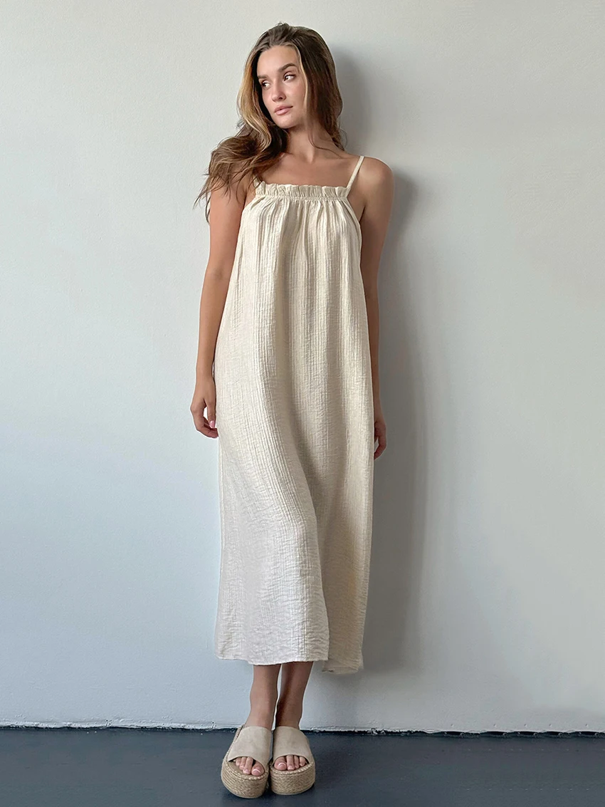 Marthaqiqi Cotton Women Nightgown Spaghetti Strap Sleepwear Backless Pajama Slash Neck Pyjamas Ankle-Length Dress Ladies Nightie
